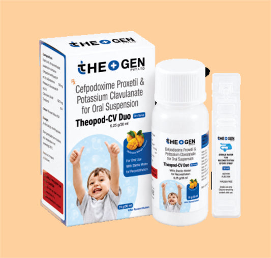 THEOPOD CV DUO (WITH WFI) (30ml) Each 5ml of reconstituted Susp. Contains: Cefpodoxime Proxetil IP Eq. to Cefpodoxime 100 mg + Potassium Clavulanate Diluted IP eq. to Clavulanic Acid 62.5 mg by Theon
