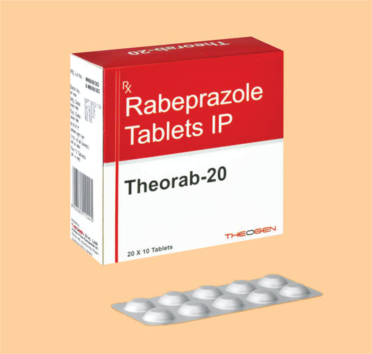 THEORAB-20 MG TAB (20x10) Each Enteric coated tablet contains: Rabeprazole Sodium IP 20mg by Theon