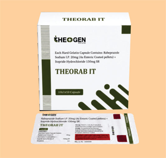 THEORAB IT (10x1x10) Each Hard Gelatin Capsule Contains: Rabeprazole Sodium I.P. 20mg (As Enteric Coated pellets) + Itopride Hydrochloride 150mg SR  by Theon