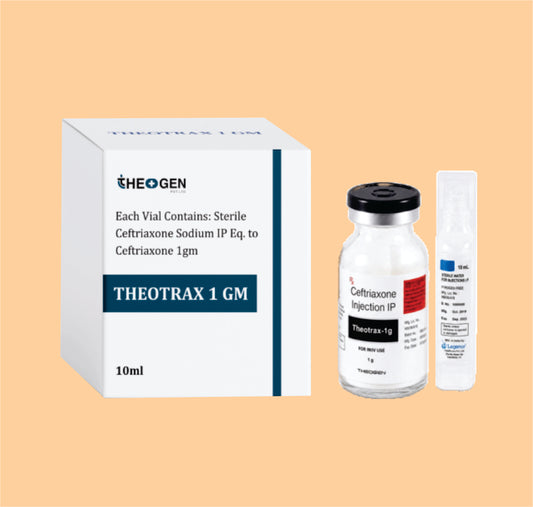THEOTRAX 1 GM INJ (10 ML VIAL WITHOUT TRAY + 10 ML WFI) Each Vial Contains: Sterile Ceftriaxone Sodium IP Eq. to Ceftriaxone 1gm by Theon