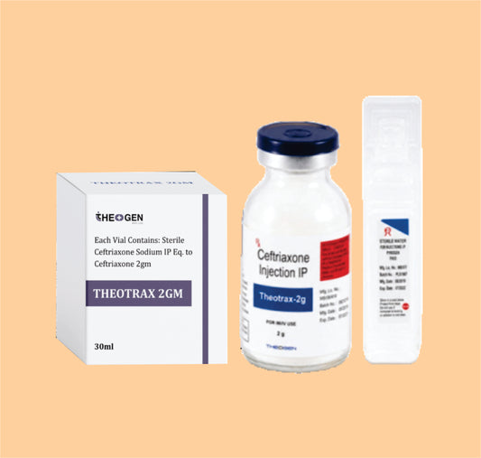 THEOTRAX 2GM INJ (VIAL + WFI) Each Vial Contains: Sterile Ceftriaxone Sodium IP Eq. to Ceftriaxone 2gm by Theon