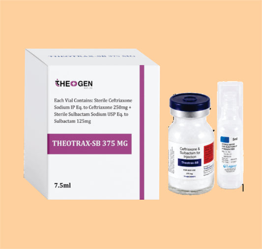 THEOTRAX-SB 375 MG (7.5 ML VIAL WITHOUT TRAY + 5 ML WFI) Each Vial Contains: Sterile Ceftriaxone Sodium IP Eq. to Ceftriaxone 250mg + Sterile Sulbactam Sodium USP Eq. to Sulbactam 125mg by Theon