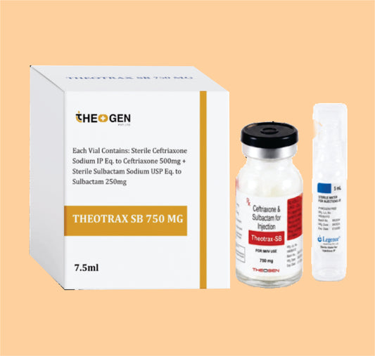 THEOTRAX SB 750 MG (7.5 ML VIAL WITHOUT TRAY + 5 ML WFI) Each Vial Contains: Sterile Ceftriaxone Sodium IP Eq. to Ceftriaxone 500mg + Sterile Sulbactam Sodium USP Eq. to Sulbactam 250mg by Theon