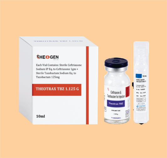 THEOTRAX TBZ 1.125 G (10 ML VIAL WITHOUT TRAY + 10 ML WFI) Each Vial Contains: Sterile Ceftriaxone Sodium IP Eq. to Ceftriaxone 1gm + Sterile Tazobactam Sodium Eq. to Tazobactam 125mg by Theon