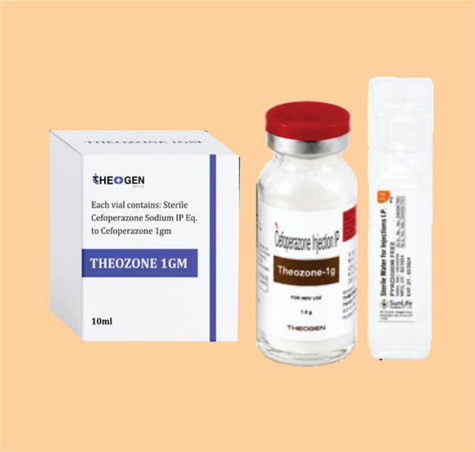 THEOZONE 1GM (10 ML VIAL WITHOUT TRAY + 10 ML WFI) Each vial contains: Sterile Cefoperazone Sodium IP Eq. to Cefoperazone 1gm  by Theon