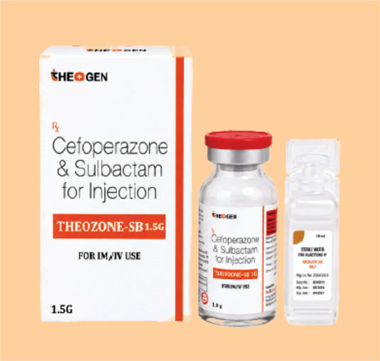 THEOZONE SB 1GM INJ (10 ML VIAL WITHOUT TRAY + 10 ML WFI) Each vial contains: Sterile Cefoperazone Sodium IP Eq. to Cefoperazone 500mg + Sterile Sulbactam Sodium USP Eq. to Sulbactam 500mg by Theon