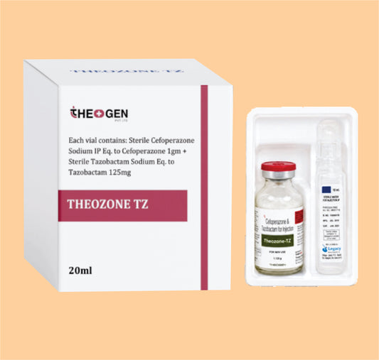 THEOZONE TZ INJ (20 ML VIAL WITH TRAY + 10 ML WFI) Each vial contains: Sterile Cefoperazone Sodium IP Eq. to Cefoperazone 1gm + Sterile Tazobactam Sodium Eq. to Tazobactam 125mg by Theon