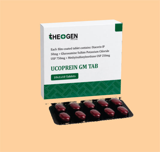UCOPREIN GM TAB (10x1x10 ) Each film coated tablet contains: Diacerin IP 50mg + Glucosamine Sulfate Potassium Chloride USP 750mg + Methylsulfonylmethane USP 250mg by Theon