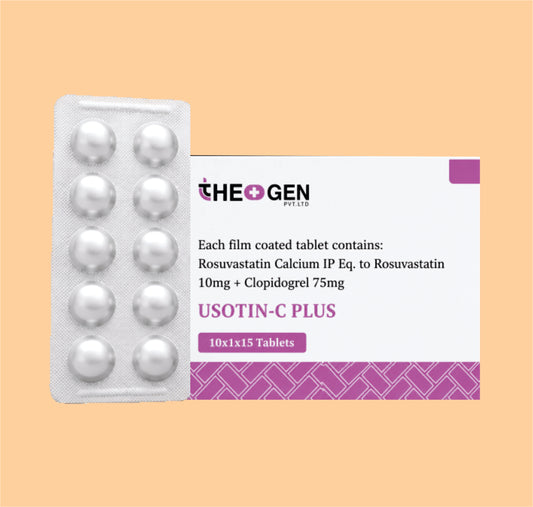 USOTIN-C PLUS (10x10) Each film coated tablet contains: Rosuvastatin Calcium IP Eq. to Rosuvastatin 10mg + Clopidogrel 75mg by Theon