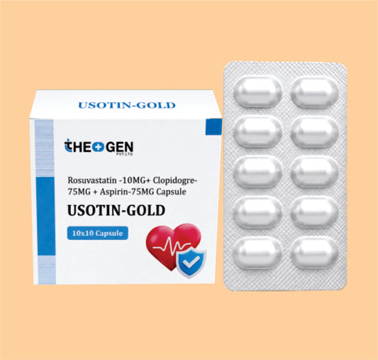 USOTIN-GOLD (10X10) Rosuvastatin -10MG+ Clopidogre-75MG + Aspirin-75MG Capsule by Theon