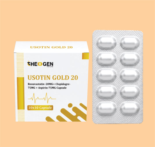 USOTIN GOLD 20 (10X10) Rosuvastatin -20MG+ Clopidogre-75MG + Aspirin-75MG Capsule by Theon