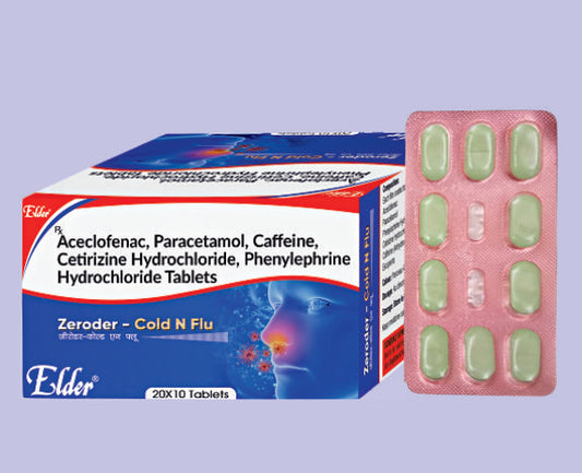 ZERODER  COLD N FLU TABS 10'S ( Aceclofenac 100mg,Paracetamol 325mg,Phenylepherine 5mg,Cetrizine 10mg,Caffeine 25mg ) by Elder