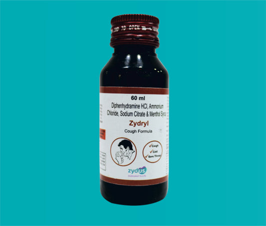 ZYDRYL SYP 60ml. ( Diphenhydramine --14.08 mgAmmonium Chloride 138 mg Sodium Citrate --57.03 mgMenthol 1.14 mg ) by Zydus