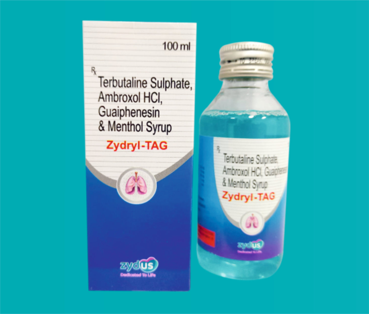 ZYDRYL- TAG COUGH SYP.(WITH MONOCARTON & MEASURING CUP) 100ml ( Ambroxol Hydrochloride IP 15 mgGuaiphenesin IP 50 mgTerbutaline Sulphate IP 1.25 mgMentholated Syrupy base q.s.Colours : Indigocarmine & Brilliant Blue FCF ) by Zydus