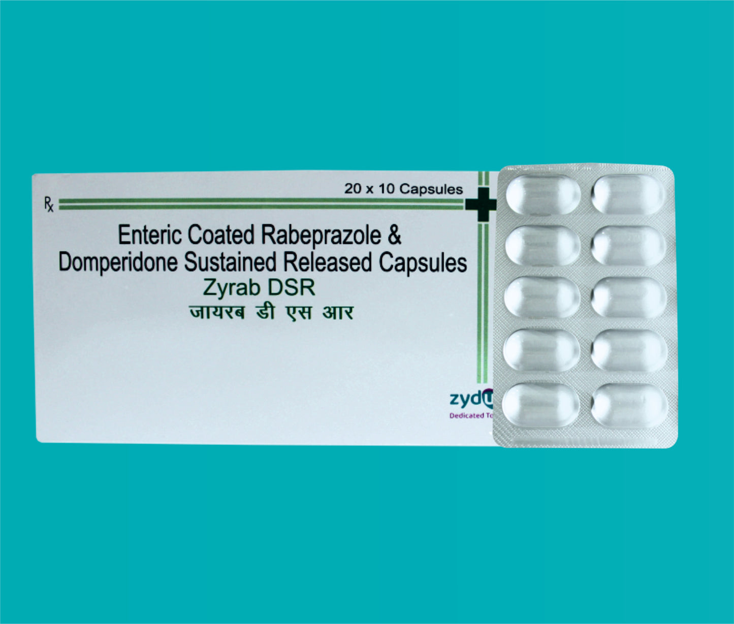ZYRAB-DSR CAPSULE
(ALU- ALU PACK) 20x10 ( Rabeprazole Sodium I.P. 20 mg (As enteric coated pellets) Domperidone I.P. 30 mg (As sustained release pellets) ) by Zydus
