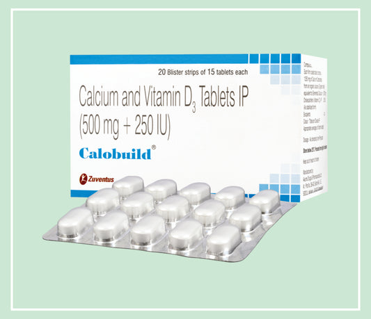 CALOBUILD TABLETS  (20x1x15T) Calcium Carbonate 1250 mg (eq to Elemental Calcium 500 mg) + Cholecalciferol 250 IU by Zuventus
