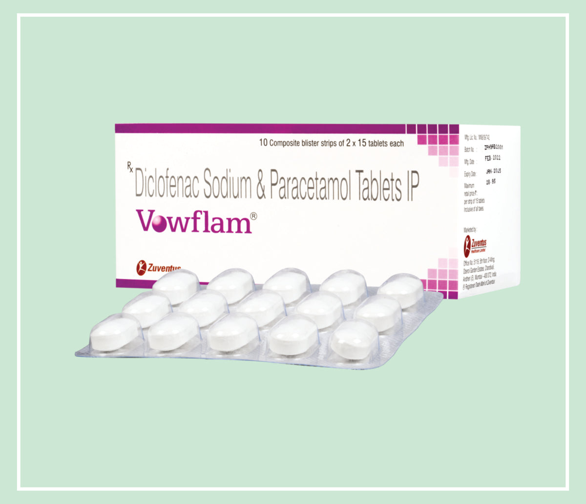 VOWFLAM TABLET (20x1x15T) Paracetamol 325 mg + Diclofenac Sodium 50 mg by Zuventus