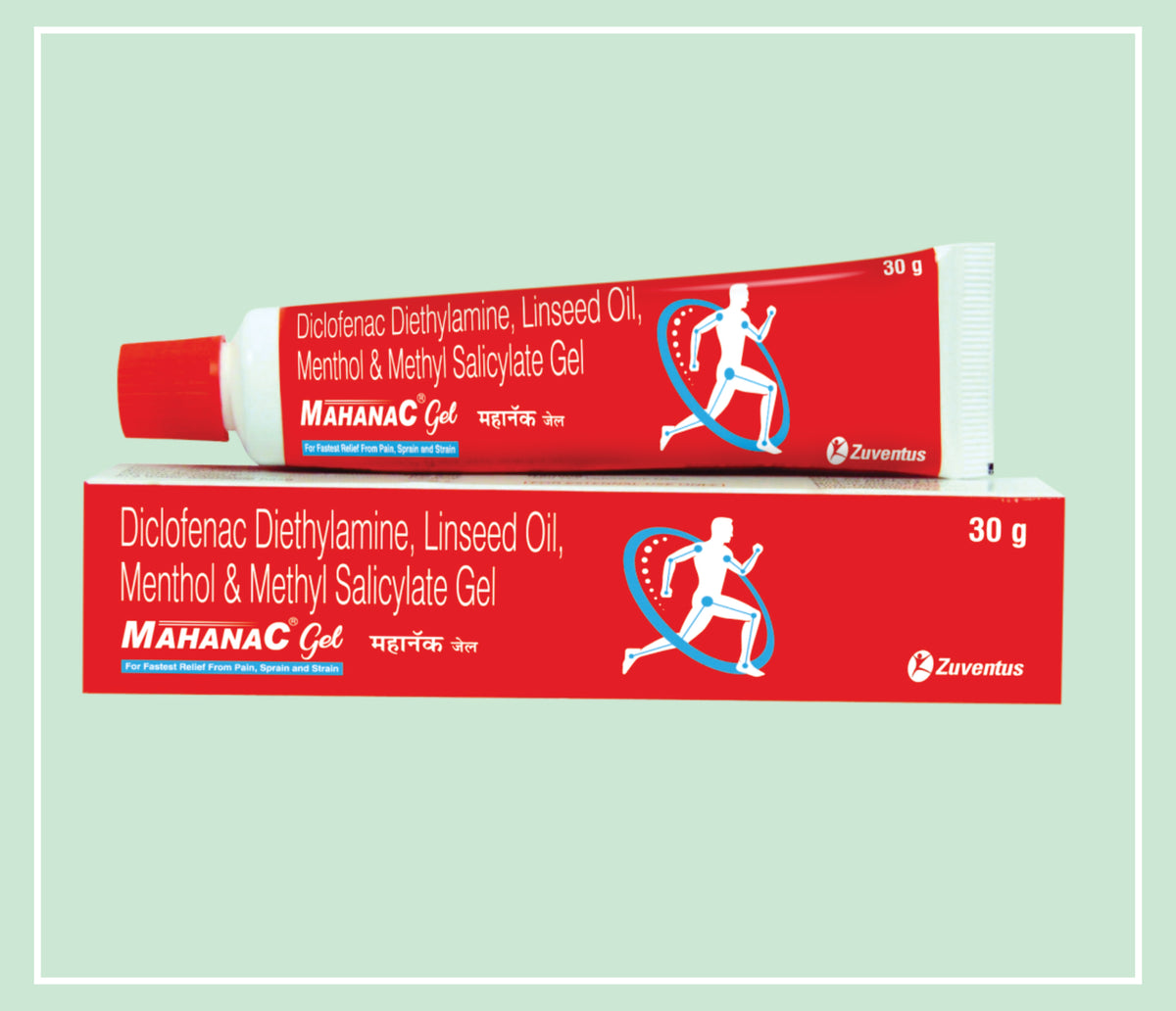 MAHANAC GEL 30 GM (20x1x30GM) Diclofenac Diethylamine 116% w/w (eq to Diclofenac Sodium 1% w/w) + Linseed Oil 3% w/w + Methyl Salicylate 10% w/w + Menthol 5% w/w by Zuventus