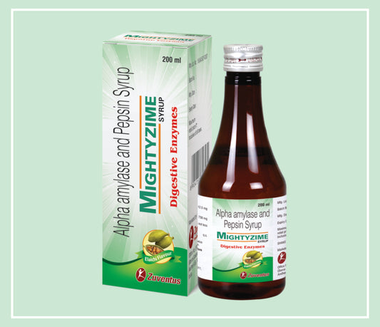 Mightyzime Syrup  200 Ml (1X1X200 Ml) Pepsin 12.5 Mg/5 Ml, Alpha Amylase 750 Mg/5 Ml Syr By Zuventus