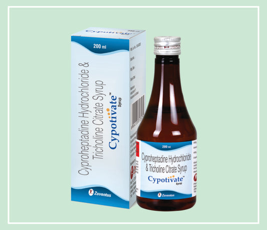 CYPOTIVATE SYRUP 200 ML  (1x1x200ML) Cyproheptadine Hydrochloride 2 mg + Tricholine Citrate 275 mg by Zuventus