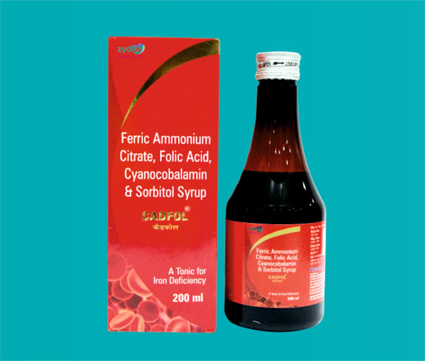 Cadfol Syp. 200ml. Ferric Ammonium Citrate 110 Mg + Folic Acid 1.5 Mg + Cyanocobalamin 15 Mcg by zydus