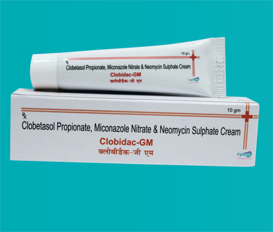 Clobidac -GM Cream  10gm
(25UnitsinaBox) Clobetasol Propionate 0.05% W/W + Miconazole Nitrate 2% W/W + Neomycin 0.05% W/W by zydus