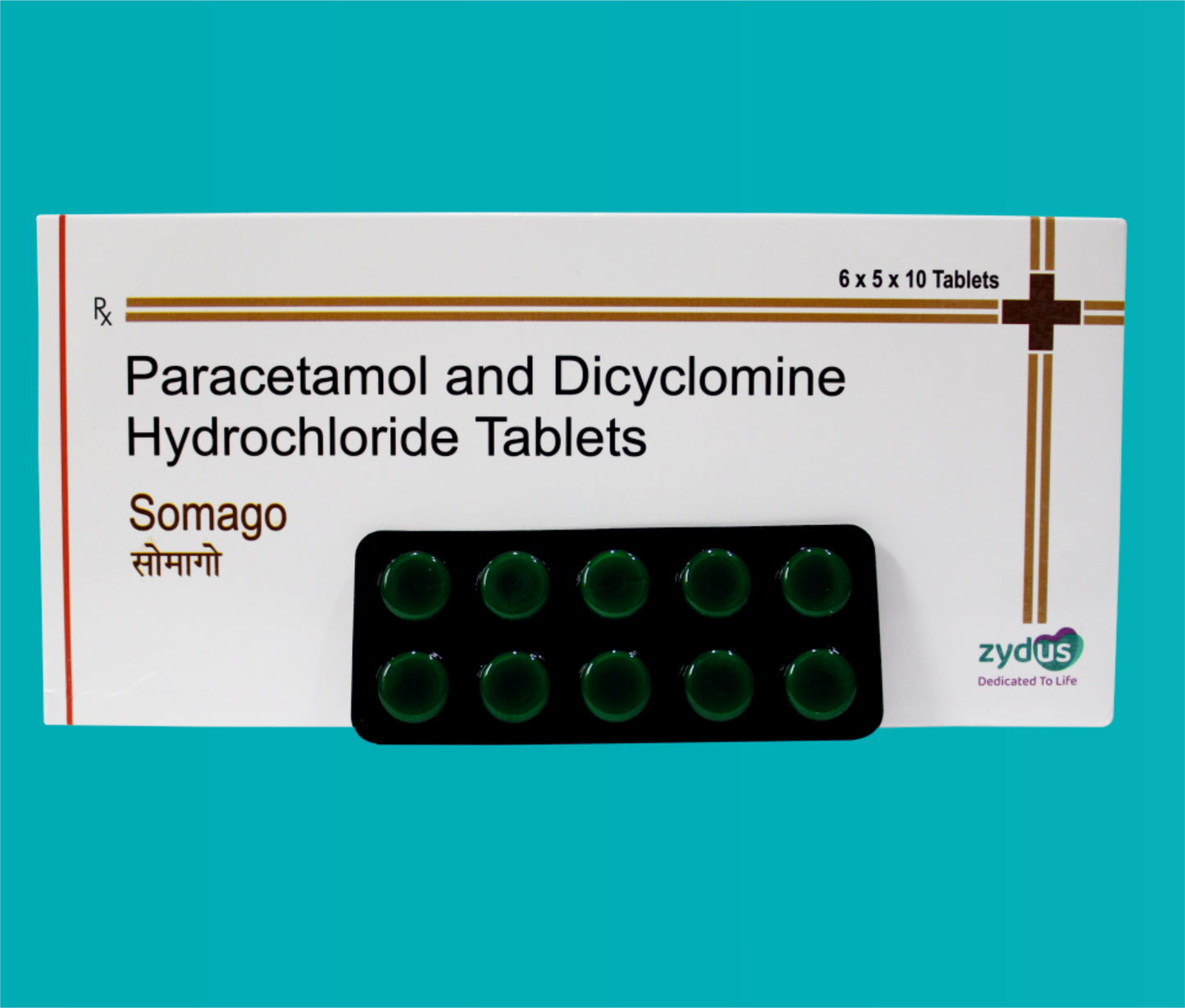 Somago Tab 30x10 Dicyclomine Hydrochloride 20 Mg + Paracetamol 325 Mg by zydus