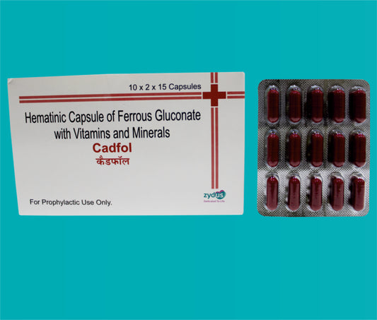 Cadfol  Cap 20X15 Ferrous Gluconate 259 Mg + Vitamin B12 1 Mcg + Folic Acid 0.3 Mg + Dibasic Calcium Phosphate 100 Mg + Zinc Sulphate 33 Mg by zydus