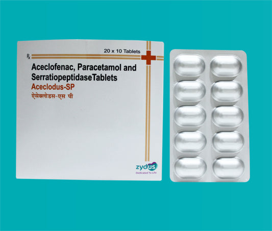 Aceclodus- SP Tab  20x10 Aceclofenac 100 Mg + Paracetamol 325 Mg + Serratiopeptidase 15 Mg by zydus