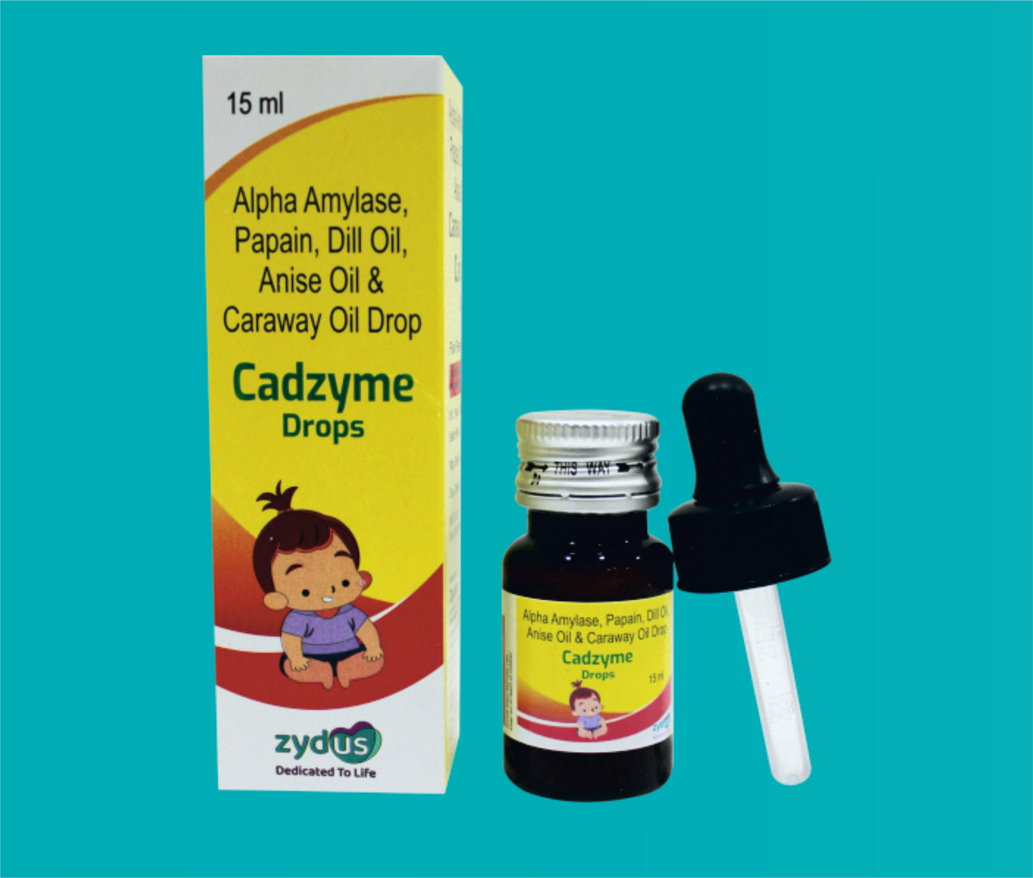 Cadzyme Drop 15ml. Alpha- Amylase Ip 20 Mg (Bacterial 1:800) Papain Ip 10 Mg Dill Oil B.P. 2 Mg Anise Oil B.P. 2 Mg Caraway Oil B.P. 2 Mg by zydus