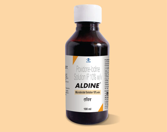 Aldine Microbicidal Solution 10% (100Ml) pack 100Ml ( Povidone Iodine 10% W/V Solution (100Ml) ) by Alkem1