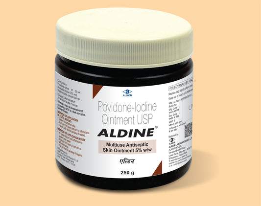 Aldine Ointment 250 Gm pack 250G ( Povidone Iodine 5% W/W Ointment (250G) ) by Alkem1