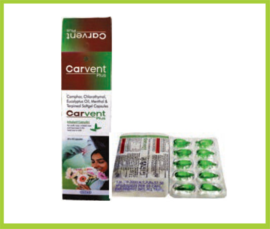 CARVENT PLUS 10 CAP ( Camphor IP 66 25 mg + Chlorothymol 5 mg + Eucalyptus oil BPC 125 mg + Menthol 55 mg + Terpineol 125 mg ) by Intas