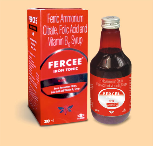 FERCEE SYRUP (300ML) ( Ferric Ammonium Citrate 160 Mg Eq. To Elemental Iron 32.8 Mg + Folic Acid 0.5
Mg + Vitamin B12 7.5 Mcg / 15 Ml ) by Alkem