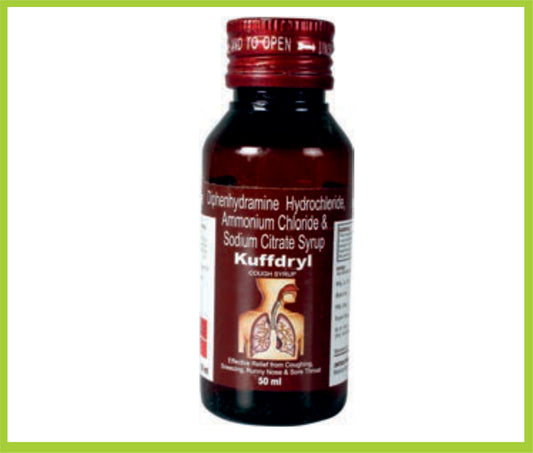 KUFFDRYL 50ML ( Diphenhydramine 14.08mg + Ammo. Cholr 138mg + Sod. Citrate 57.03mg/5ml ) by Intas