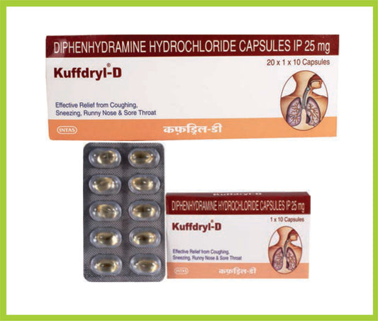 KUFFDRYL-D 10 CAP ( Each soft gelatin capsule contains: diphenhydramine hydrochloride ip 25mg, excipients q.s. ) by Intas